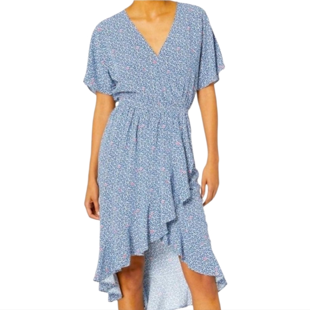 J. Crew‎ Blue White Floral Faux Wrap CASUAL COMFY Women's Dress SIZE SMALL